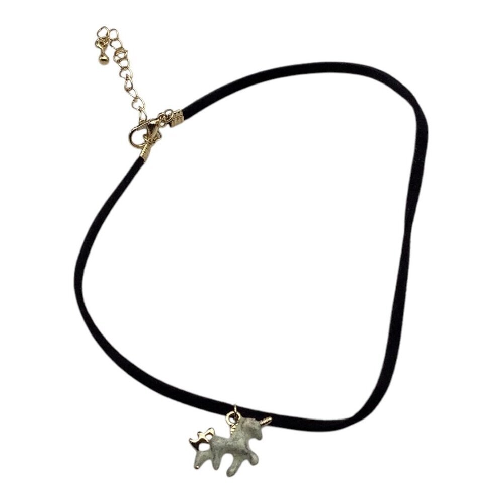 Cute Unicorn Pendant Necklace Girls With Adjustable Black Cord‎ 18" White gold